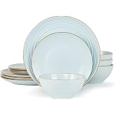 Famiware Jupiter Plates and Bowls Sets with Rim, Stoneware Dinnerware for 4 | 12-Piece Ceramic Dishes, Speckled &amp; Embossed Swirl, Chip &amp; Scratch Resistant, Microwave &amp; Dishwasher Safe, Neutral Light Blue