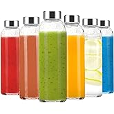 Luxfuel 24 oz Clear Glass Bottles with Lids, Reusable Glass Water Bottles with Stainless Steel Cap for Juicing, Refrigerator,100% Leak Proof, BPA Free, Juice Water Bottle Set of 6