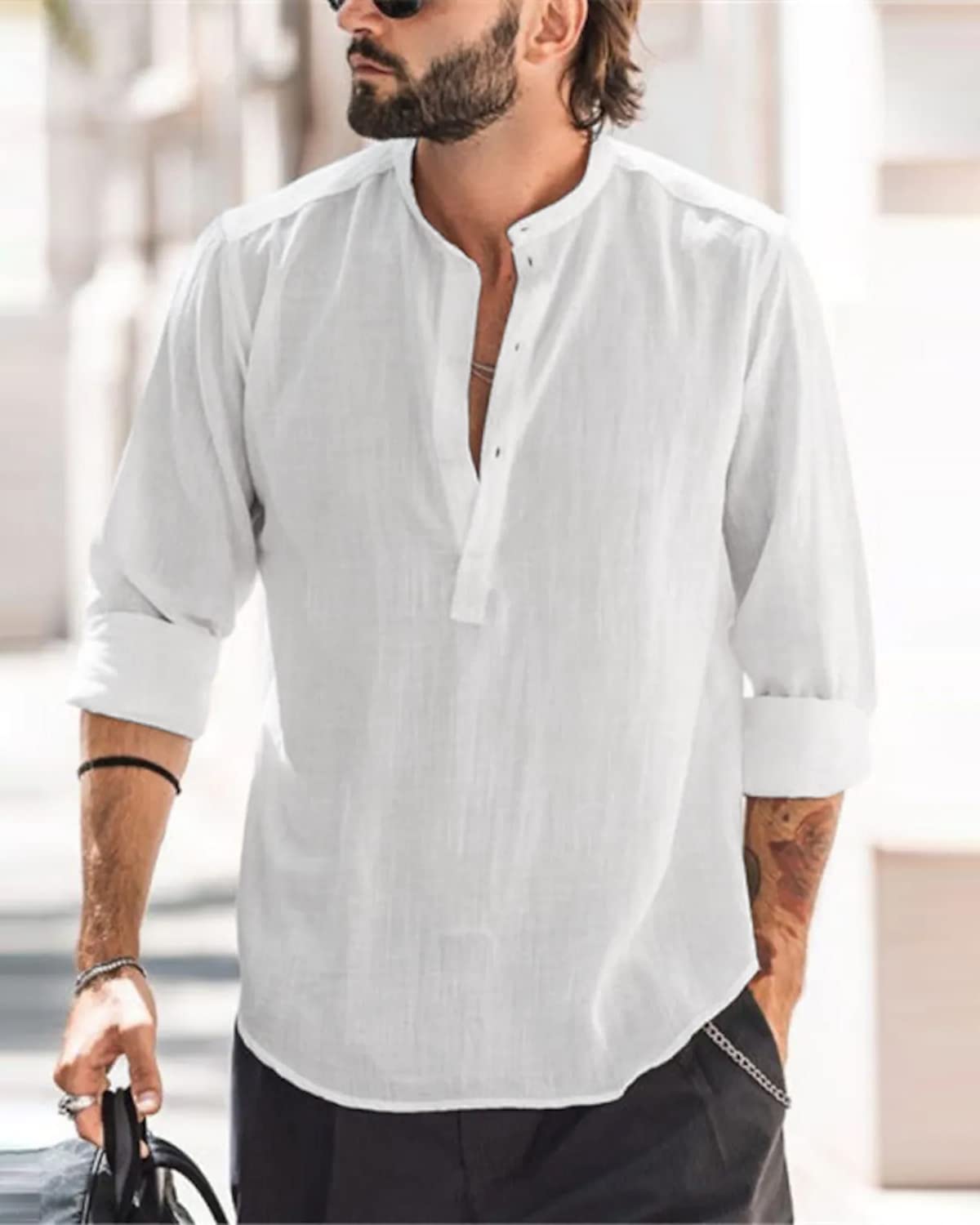 Cotton Linen Shirts for Men Casual Shirts Lightweight Long Sleeve Henley Beach Shirts Hawaiian T Shirts for Men