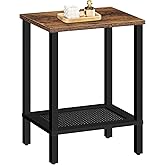 HOOBRO End Table, Small Side Table with 2-Tier Storage Shelves, Nightstand with Faux Rattan Decoration, for Living Room, Bedroom, Rustic Brown and Black BF91BZ01