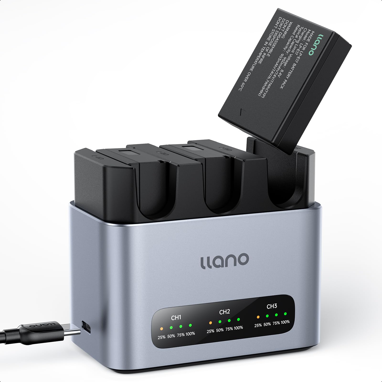 Photo 1 of llano 3-Pack LP-E17 Battery & 30W Fast Charger Set:3-Slot for Canon EOS R50 R8 R50V R10 R100 RP T6i T7i T8i T6S SL2 SL3 M3 M5 M6 77D 200D 250D 750D 760D 800D 8000D, LED, USB-C, Durable CNC Aluminum