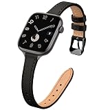 STIROLL Slim Leather Bands Compatible with Apple Watch Band 38mm 40mm 41mm 42mm(Series 11 10), Top Grain Leather Watch Thin Wristband for iWatch Ultra SE Series 9 8 7 6 5 4 3 2 1 (Black)