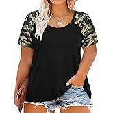 TIYOMI Plus Size T Shirts for Women Camo Raglan Sleeve Short Sleeve Tunic Blouses Fashion Casual Round Neck Black Solid Color Summer Loose Fit Outwear