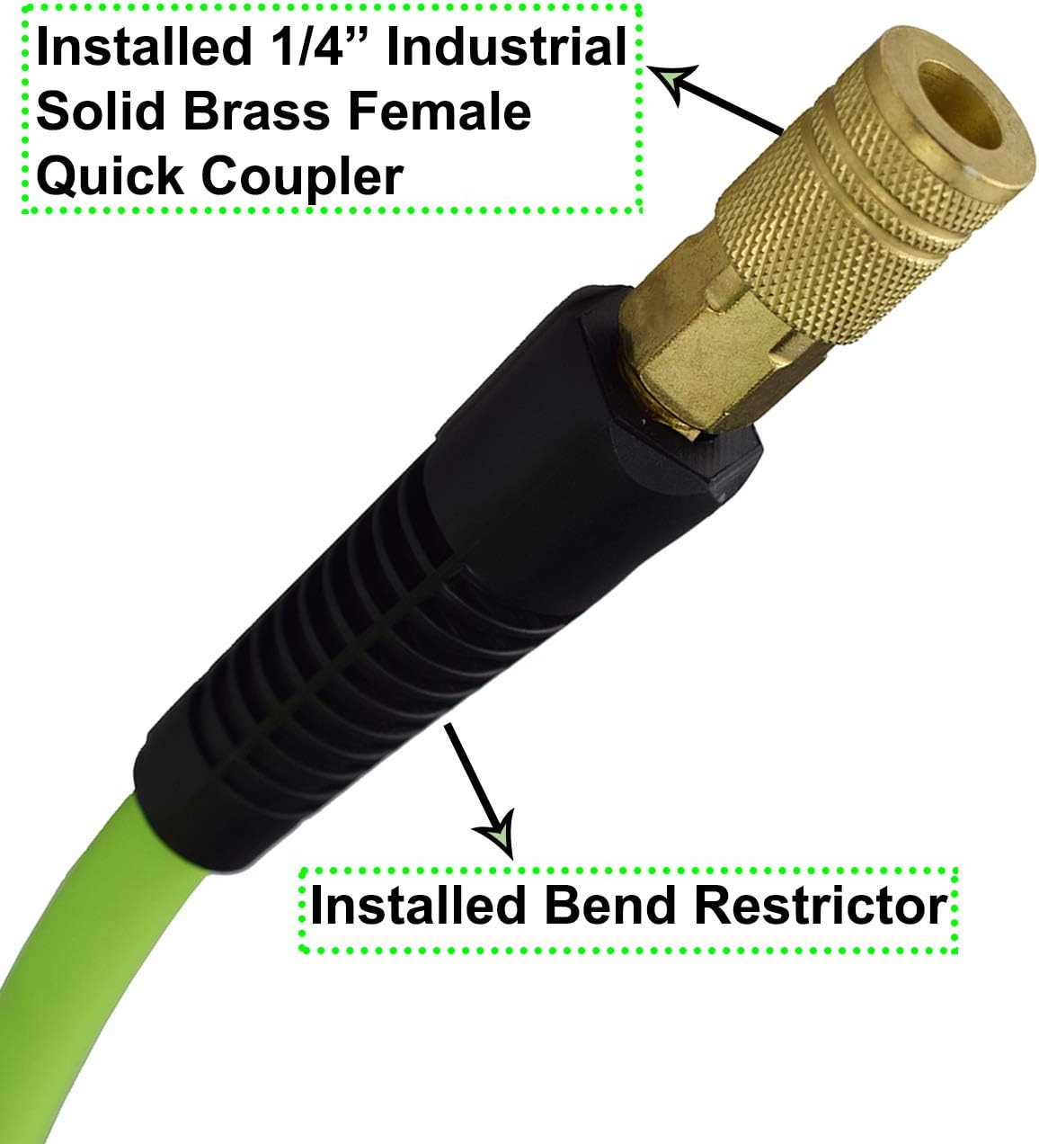 YOTOO Hybrid Air Hose 3/8-Inch by 50-Feet 300 PSI with 1/4-Inch Industrial Solid Brass Quick Coupler Fittings and Bend Restrictors for Heavy Duty, Lightweight, Flexible at All Weather Use, Green - - 