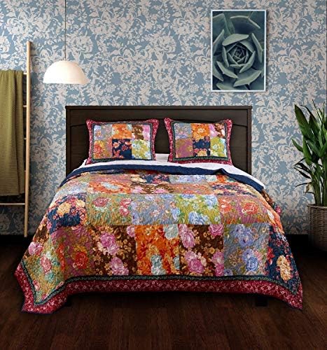 3 Piece Farmhouse Floral Patchwork Quilt Set, Traditional Style Multicolor Queen Bohemian Bedding Set, Strong Color Coordination All-Over Flowers Leafs Patches Constructed Colorful Border Detailing