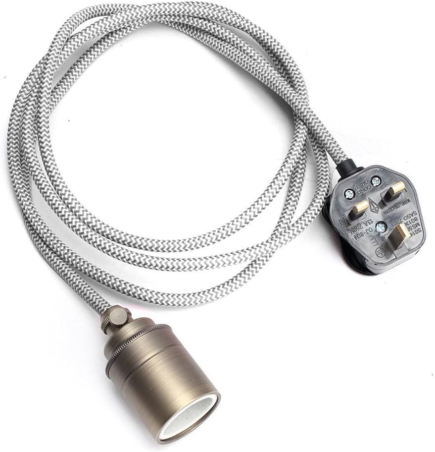 Pendant Light Fitting with Plug-in 2 Metres Fabric Cable Pendant Light Kit with Brass E27 Lampholder Multi Colors (Black&White)