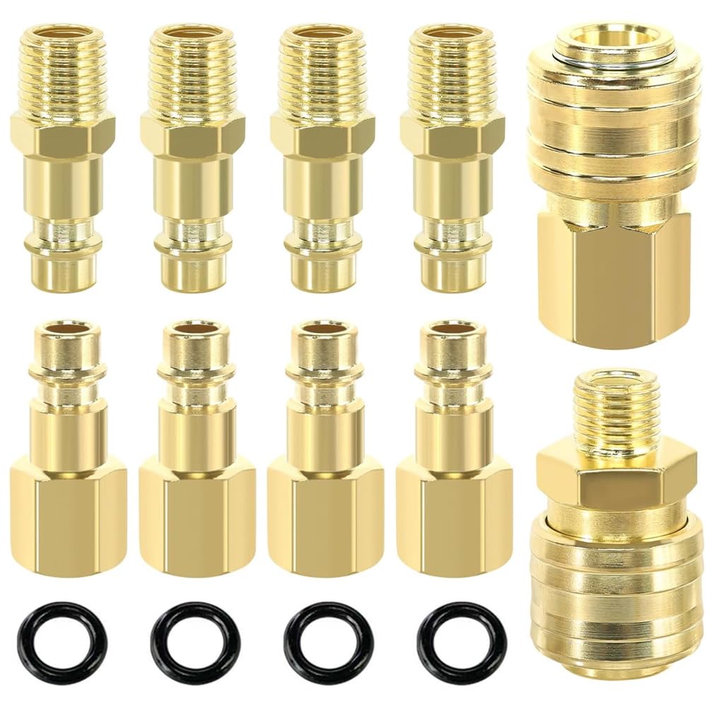 Air Line Connectors 10PCS Euro Airline Hose Compressor Fittings, 1/4" BSP Air Coupler and Plug Kit, Gold Plated Compressor Accessories