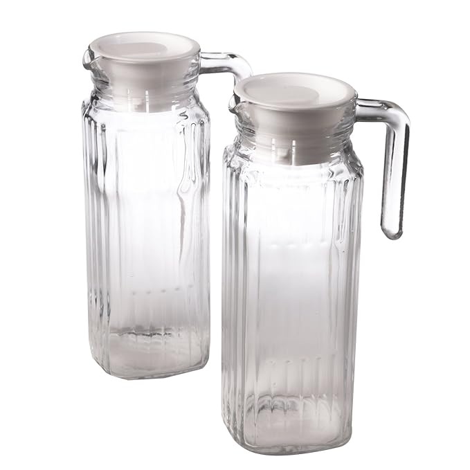 2 x 1 Litre Glass Fridge Jug Measuring 24 cm tall, Complete with White