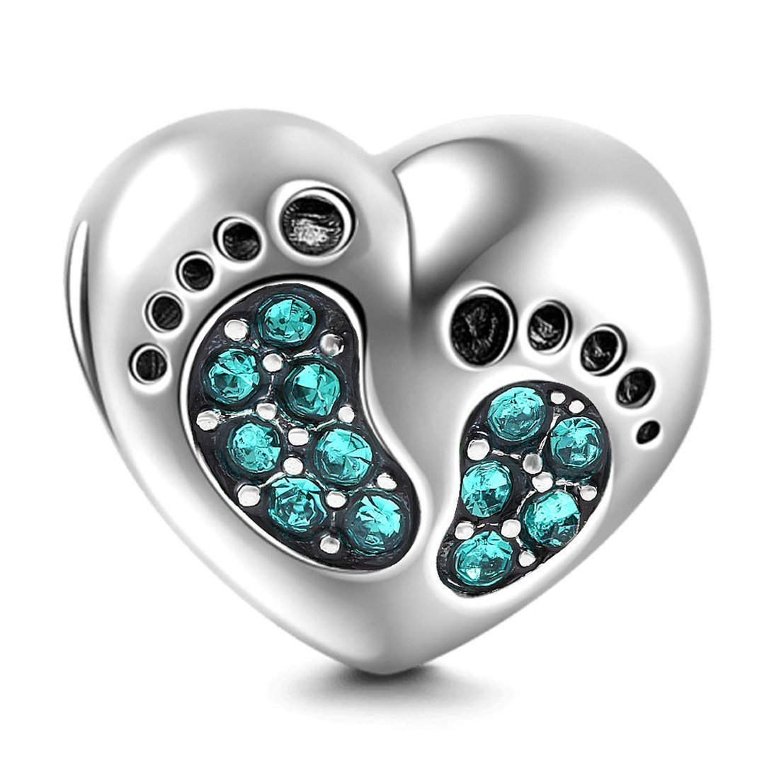Footprint Charm 925 Sterling Silver Heart Baby Foot Charm Birthday Charm Birthstone Charm Heart Charm Anniversary Charm for Pandora Charm Bracelet (Green)