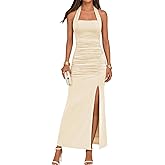 MEROKEETY Women's Wedding Guest Dress Summer Sleeveless Halter Backless Slit Ruched Beach Cocktail Formal Maxi Dresses