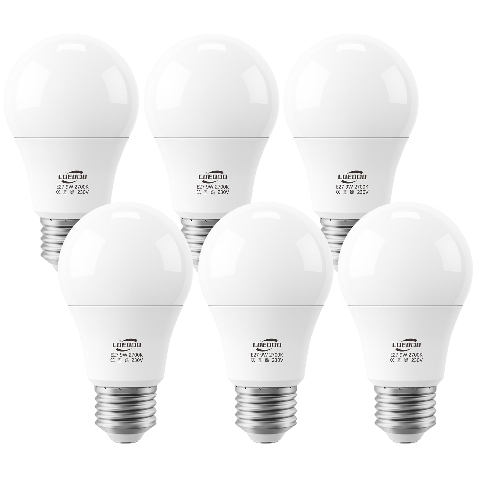 LOEODO E27 LED Screw Bulbs 60W Equivalent, 9W, 806 Lumens, 2700K Warm White, Large Screw Bulb, Non-Dimmable, Pack of 6 — image 1