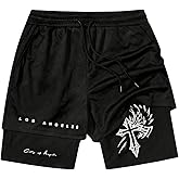WDIRARA Men's 2 in 1 Athletic Running Shorts Graphic Drawstring Waist Workout Gym Shorts with Pockets