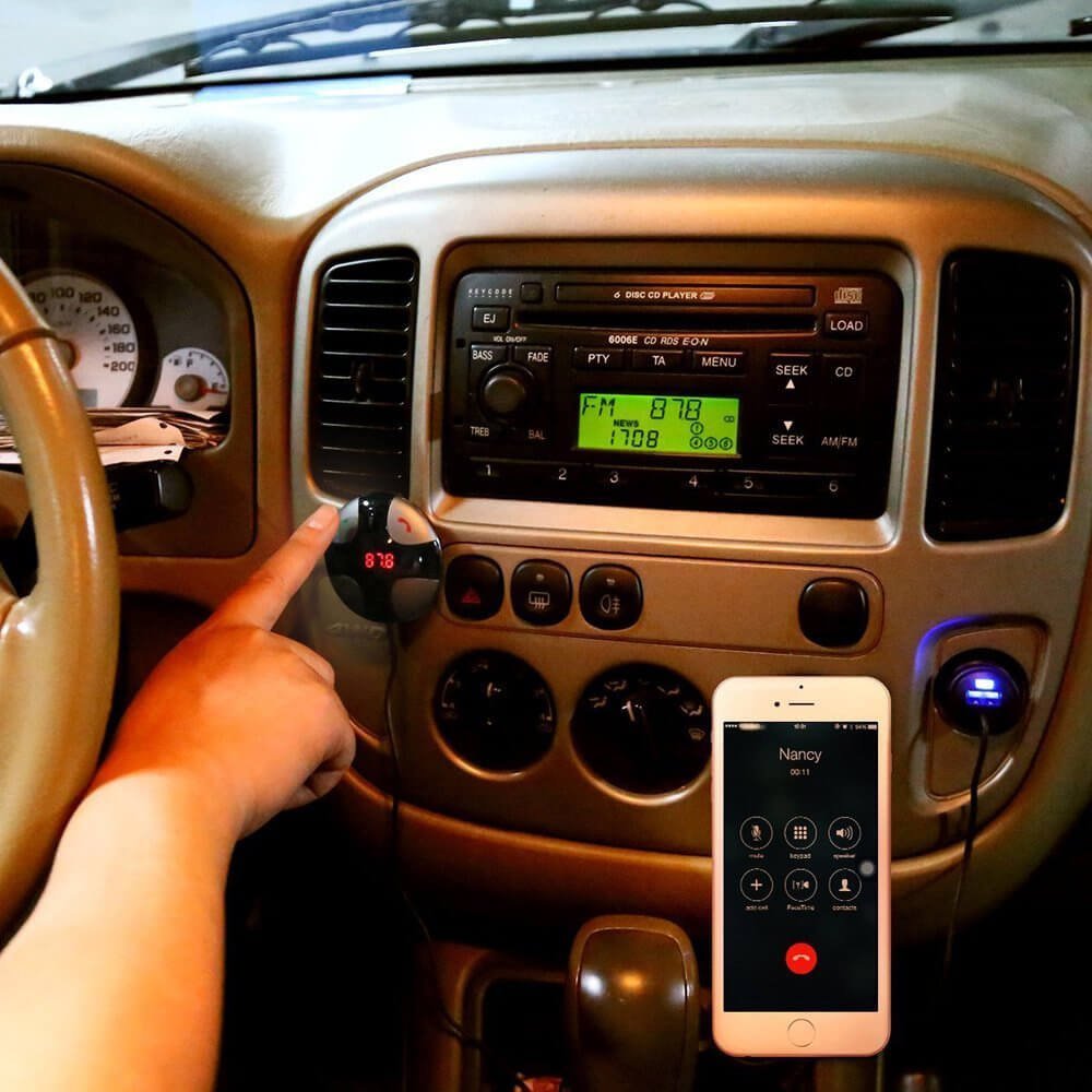 Enshey Transmetteur FM Bluetooth, Sans fil avec Support Magnétique Détachable et Chargeur USB Récepteur Stéréo de voiture Kits Voiture sans fil Audio Voiture Système stéréo – Noir