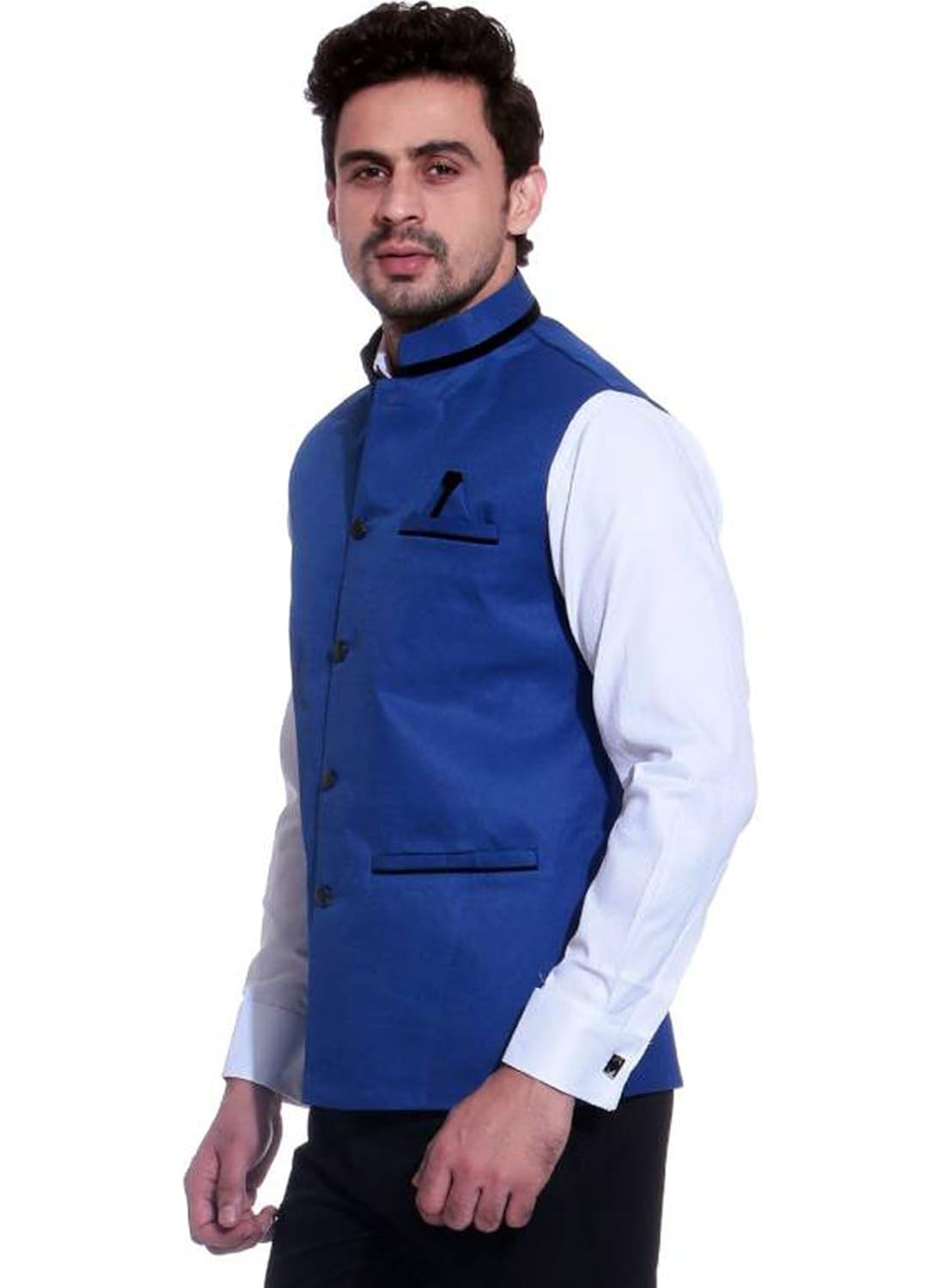 ssb cotton blend solid blue nehru waistcoat jacket for men's