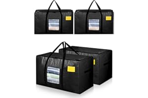AdeaBag Extra Large Moving Bags, 4 Pack Heavy Duty Storage Bags Boxes Bins Totes with Hnadles Zippers Visible Window for Clothes College Dorm Travel, Black