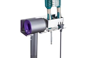 XILIMEN Hair Dryer Holder Wall Mounted, Blow Dryer Organizer, Hair Tool Organizer, Adhesive Blow Dryer Holder for Bathroom, Stainless Steel Hair Dryer Stand with Plug Hook & Storage Compartment