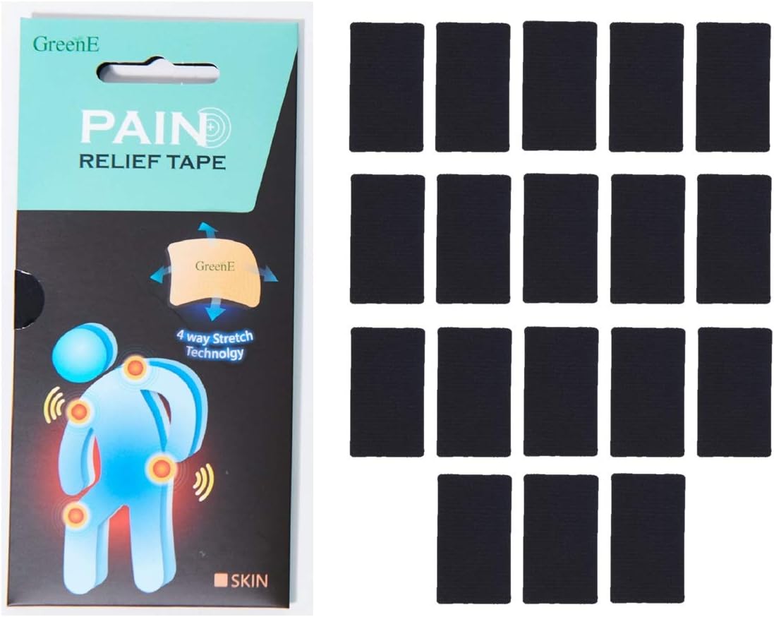GreenE Pain Relief Tape, 18-PCS Patch, 4-Way-Stretch, True-Kinesio-Therapeutic, Bio Far-Infrared, 36-HR Long-Lasting (1.9in. x 3.9in. x 18pcs precuts) (Black)