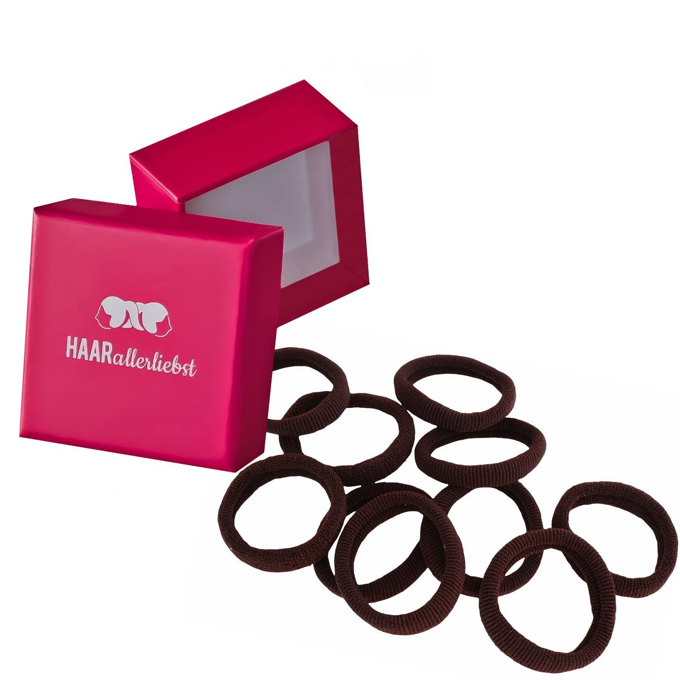 HAARallerliebst Hair Bobbles Extra Soft (Pack of 10, Brown, 4 cm) with Box for Storage (Box Colour: Pink; Colour: Brown)