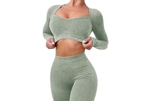 ABOCIW Workout Sets for Women Seamless Ribbed Sweetheart Neck Long Sleeve Crop Top Scrunch Butt High Wasit Legging Sets