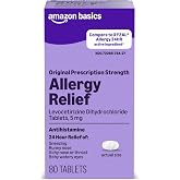 Amazon Basics 24 Hour Allergy Relief, Levocetirizine Dihydrochloride Tablet, 5 mg, Antihistamine, Relieves Sneezing, Runny/Itchy Nose, Throat Itchy, Watery Eye, 80 Count (Previously Care)