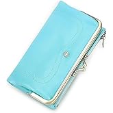 CONTACTS Full Grain Goat Leather Kiss Lock Wallet for Women Vintage Clutch Wallet with Rfid Blocking Zipper Coin Purse (Blue)