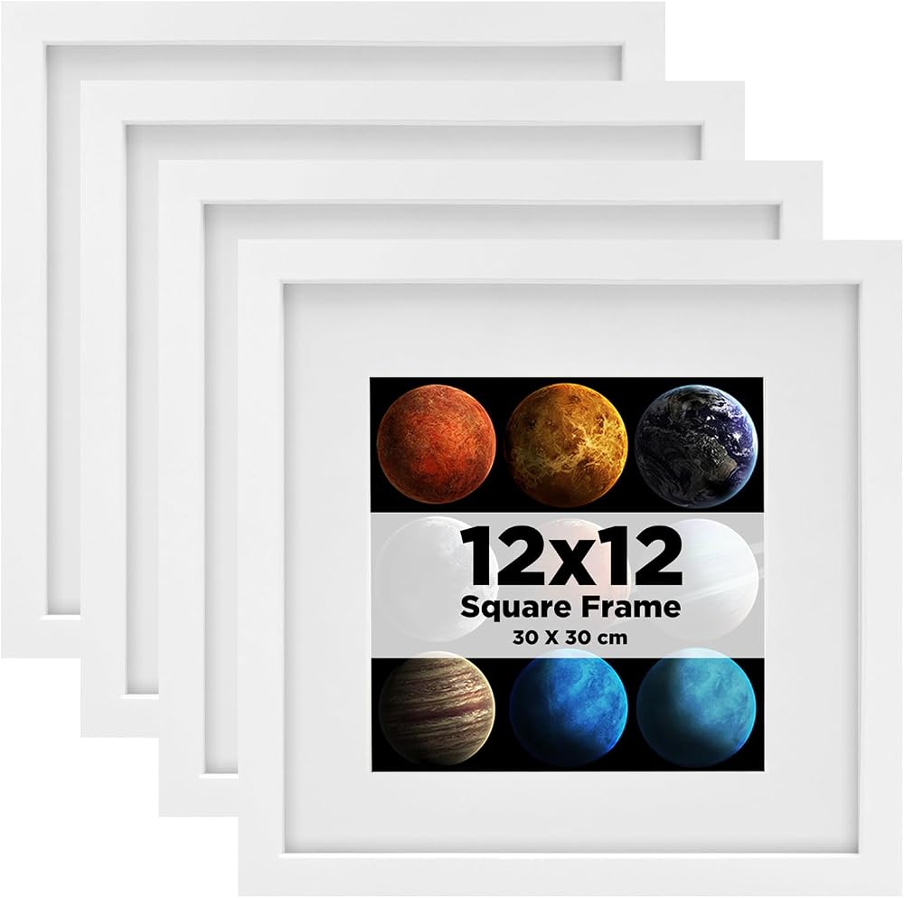 EGOFINE 12x12 Picture Frame Set of 4 Wood with Acrylic Glass 8x8 Mat