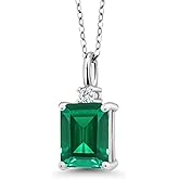 925 Sterling Silver Gemstone Birthstone and White Lab Grown Diamond Solitaire Pendant Necklace for Women | Emerald Cut 9X7MM and Round 2MM | With 18 Inch Chain | Fine Jewelry for Her Mom Wife