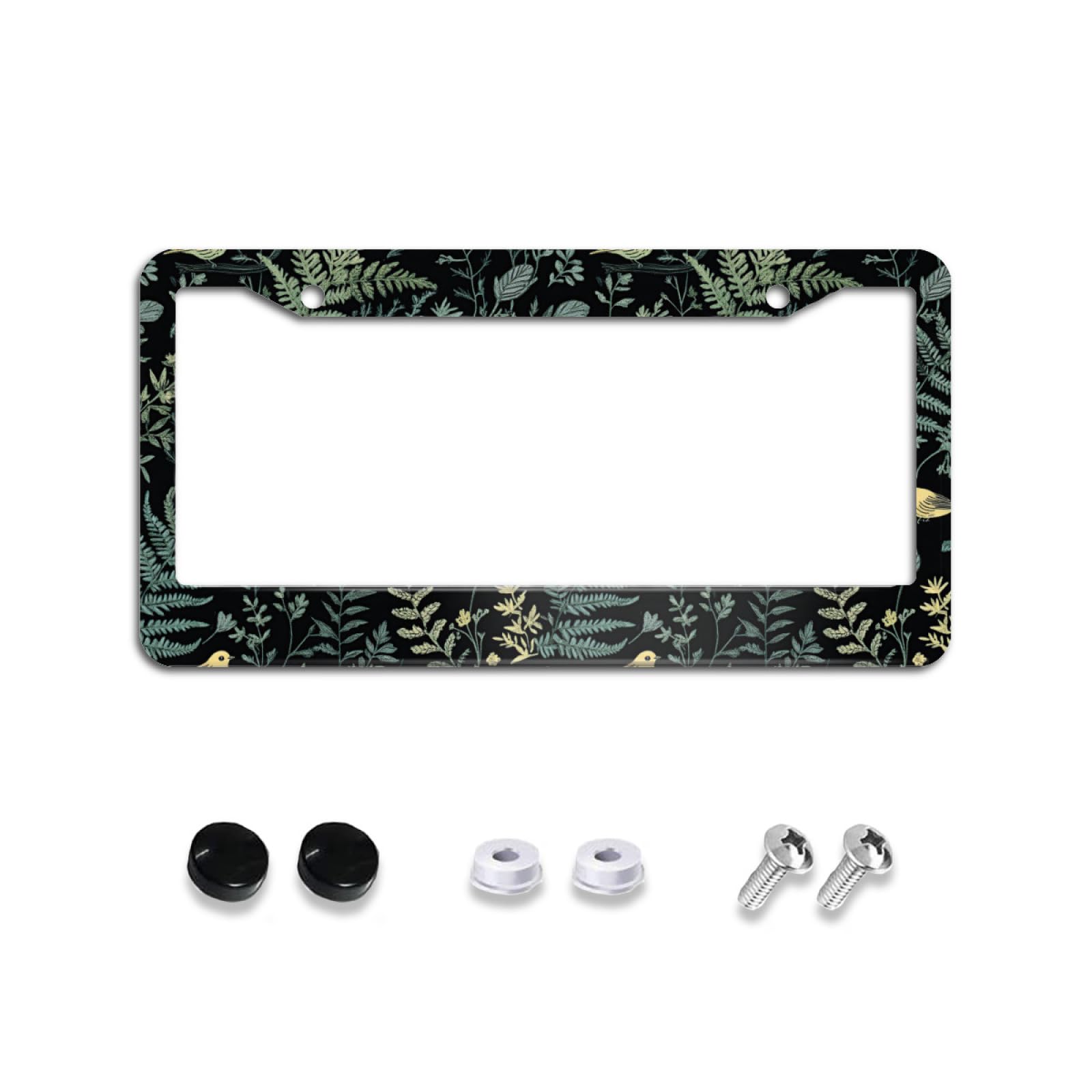 Photo 1 of Fern Forest and Birds License Plate Frame Cute Black License Plate Frames Aluminum Car Accessories Cover with 2 Holes and Screws 12 x 6 Inch for Front Rear Car Plate Decor for Women Men