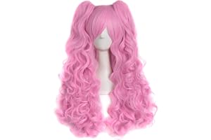 MapofBeauty 28"/70cm Lolita Long Curly Clip On Ponytails Cosplay Wig(Pink)
