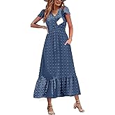 CzzzyL Women Nursing Boho Maxi Dresses Cap Short Sleeve V Neck Swiss Dot High Waisted A-Line Ruffle Tiered with Pockets