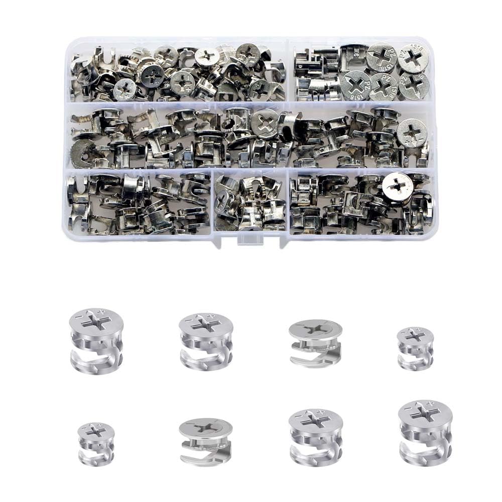 120 Pcs Furniture Connector Cam Lock, Eleechen M15 M12 Eccentric Cam Locks Fixings Kit, 4 Types(13.5/11.5/10/9.5mm), Furniture Connecter Nuts for Drawer Cabinet Wardrobe Panel, Boxed