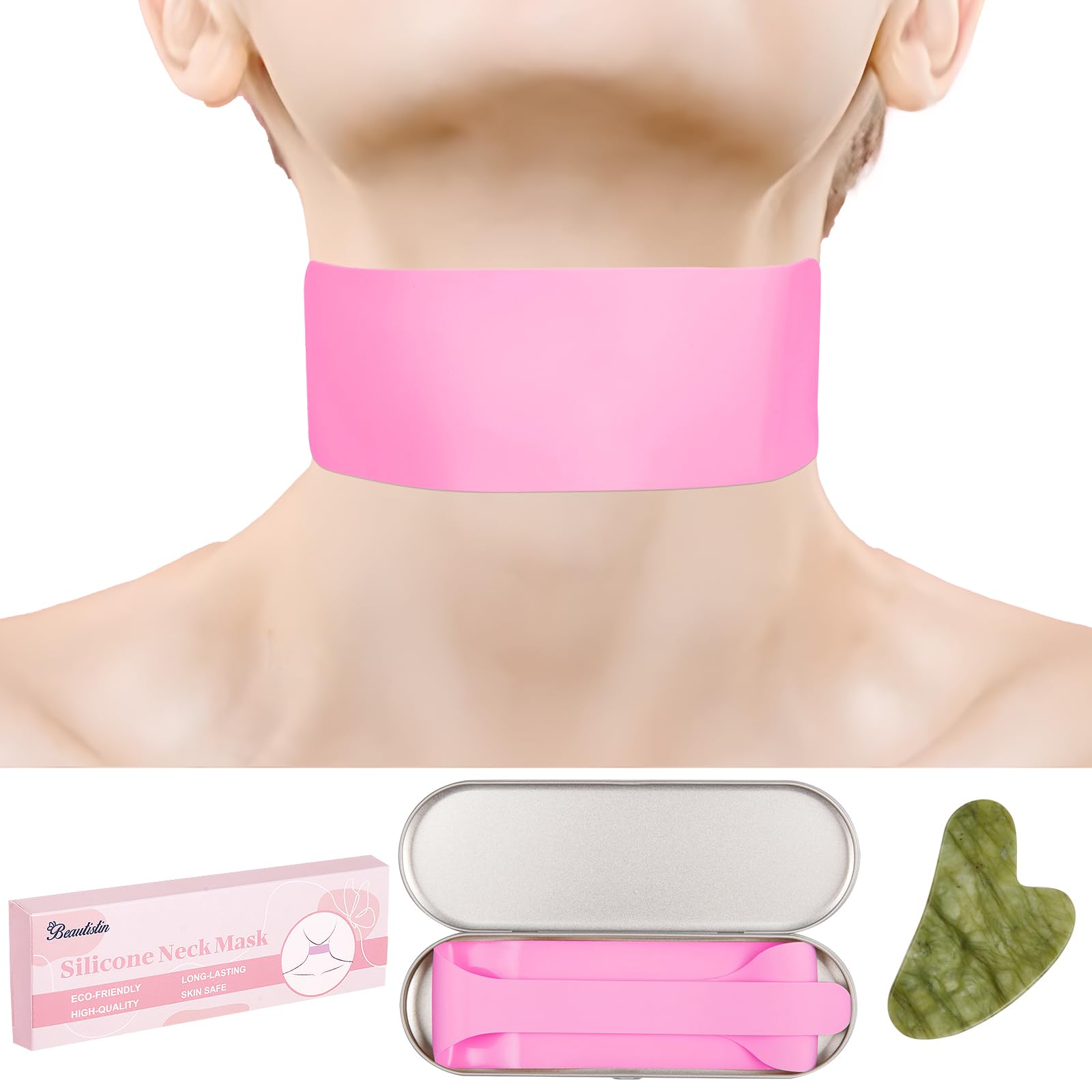 Photo 1 of Beautistin Reusable Silicone Neck Wrinkle Patch - Silicone Mask Adjustable, for Use with Neck Cream, No Adhesive, Anti Wrinkle Patches for Firming and Tightening, Jade Gua Sha Tool and Tin Case, Pink