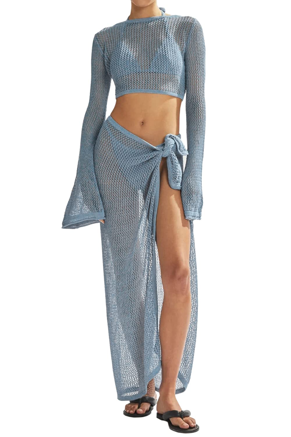 View 1 of **INCOMPLETE** LANNEW Women's Swimsuits Cover Ups Set for Crochet Bathing Suit Hollow Out 2 Piece Bikini Coverup Beach Swimwear Blue