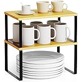 SpaceAid Cabinet Shelf Organizers 2 Pack, Kitchen Counter Rack Shelves Riser, Stackable Expandable Spice Rack, Pantry Cupboard Storage Organization (Black and Natural, Short)