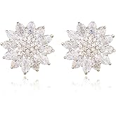 Crystal Flower Burst Stud Earirings - Big Sterling Silver CZ Cubic Zirconia Rhinestone Daisy Sunflower Floral Cluster Studs Bridal Wedding Party Prom Costume Jewelry for Bride Bridesmaids Women Birthstone Birthday Gift