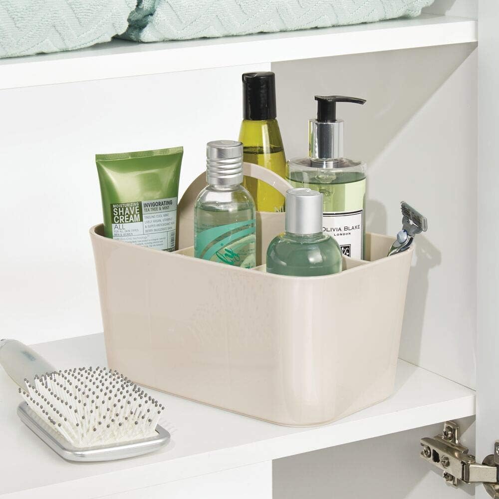 mDesign Bathroom Basket with Handles – Small Cosmetics Organiser with 4 Compartments – Also Ideal as a Kitchen Organiser or Shower Caddy – Cream - Image 3
