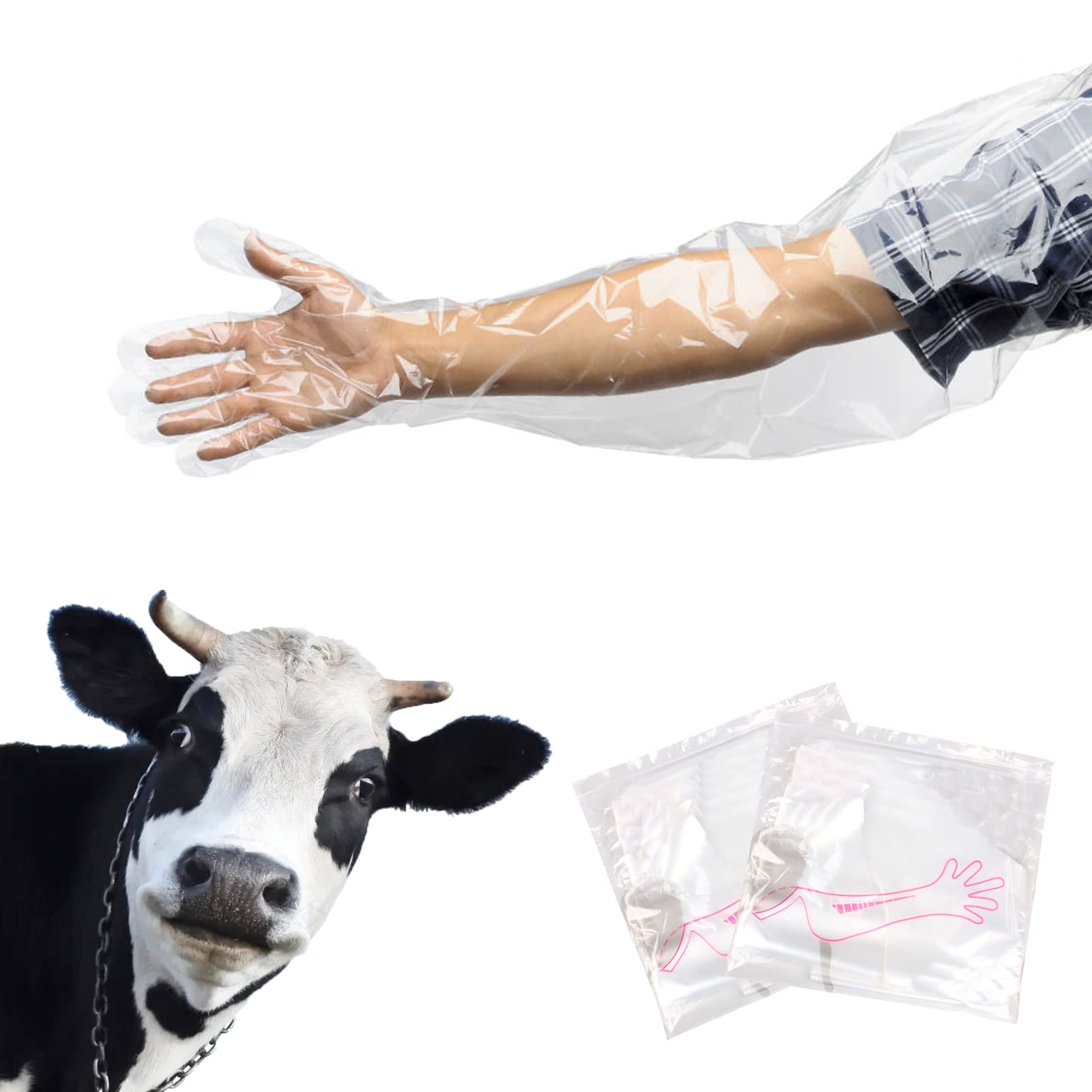 YouU 50 pcs Long Arm Examination Artificial Insemination Glove Disposable Soft Plastic Film Gloves White 34 In