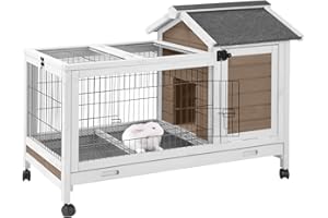 MEDEHOO Wooden Rabbit Hutch Indoor and Outdoor, Rabbit Cage with Removable Wire Netting and Leak Proof Tray, Mobile Bunny Cage with Wheels (Brown)