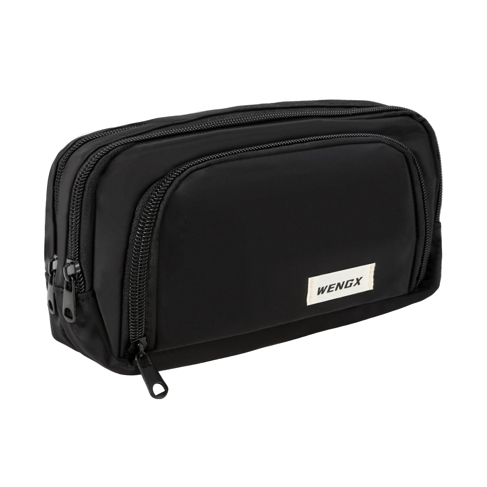 WENGX Large Capacity Pencil Case,Zip Smooth Pencil Pouch for Girls Boys with 4 Compartments Pen Bag Stationery Organizer Office Makeup Bag for Women Men (Black)