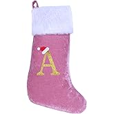 EHJYO 20 Inches Monogram Christmas Stockings with Letters Large Super Soft Christmas Stockings, Pink Velvet with White Plush Cuff Embroidered Xmas Stocking for Christmas Family Decor Letter A