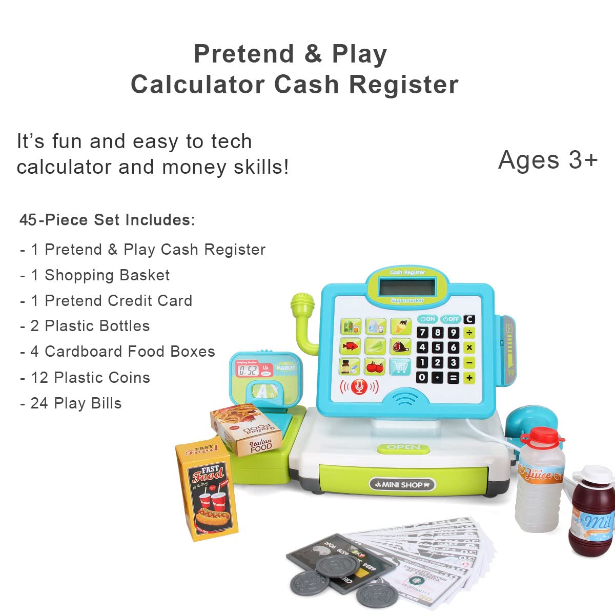 FS Pretend Play Calculator Cash Register Toy as Preschool Gift for Kids, Classic Count Toy with Sound, Microphone, Scanner, Pretend Credit Card, Play Food for Boys & Girls,45 Pieces, Ages 3 4 5 6 7