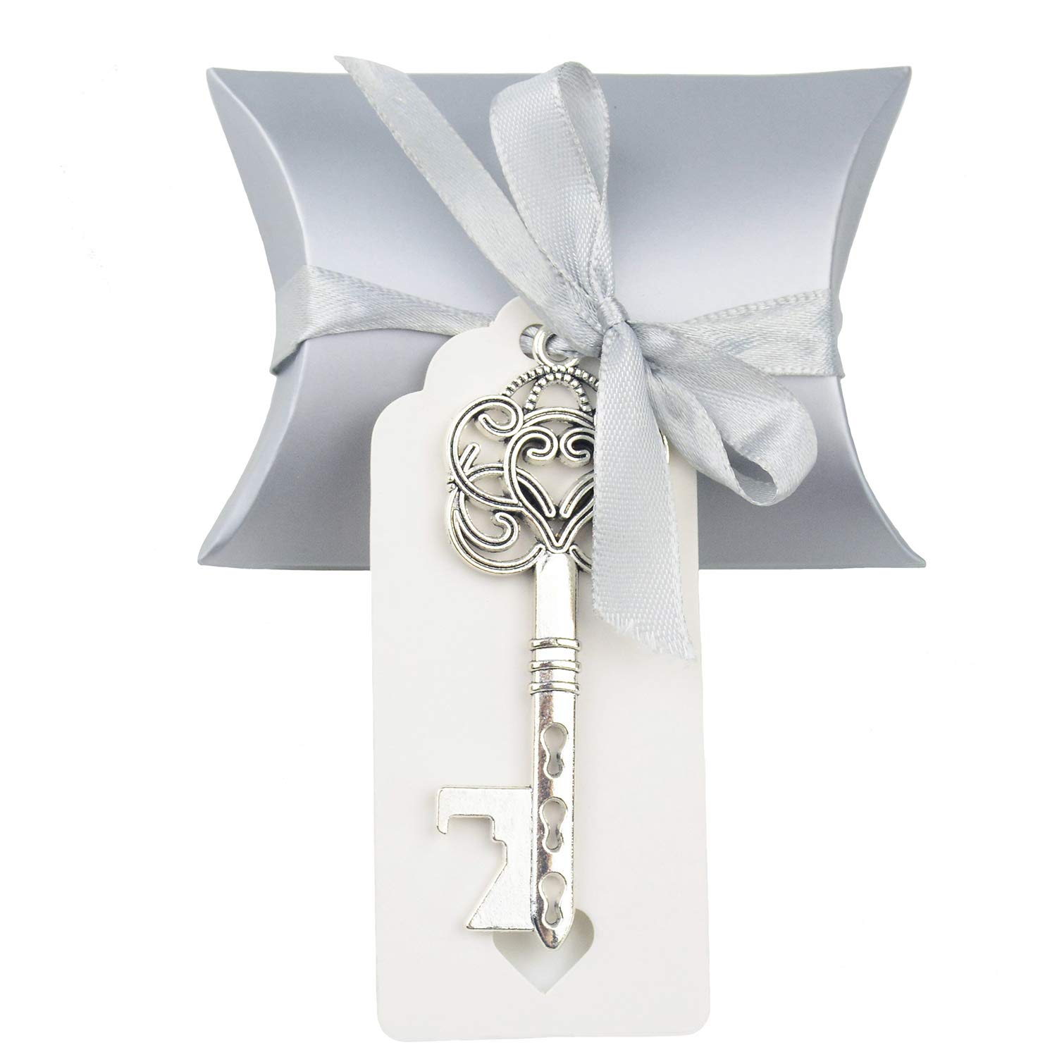 50pcs Wedding Favor Souvenir Gift Set Pillow Candy Box Vintage Skeleton Key Bottle Openers Escort Thank You Tag French Ribbon (Antique Silver)