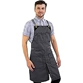 Under NY Sky Cross-Back Slate Gray Apron - Durable Denim with Leather Reinforcement and Split-Leg - Adjustable for Men and Women - Pro Chef, Tattoo, Baker, Barista, Bartender, Stylist, Server Aprons