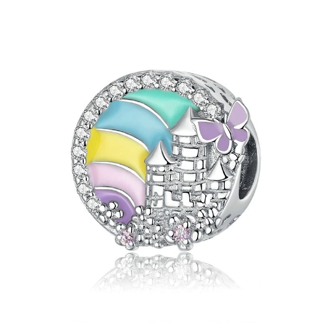 FeatherWish Sterling Silver 925 Charm Rainbow Castle Fairy Tale Princess Follow Your Dreams Bead Fits And Compatible With Pandora Bracelets Gift For Friend Daughter Birthday Sister