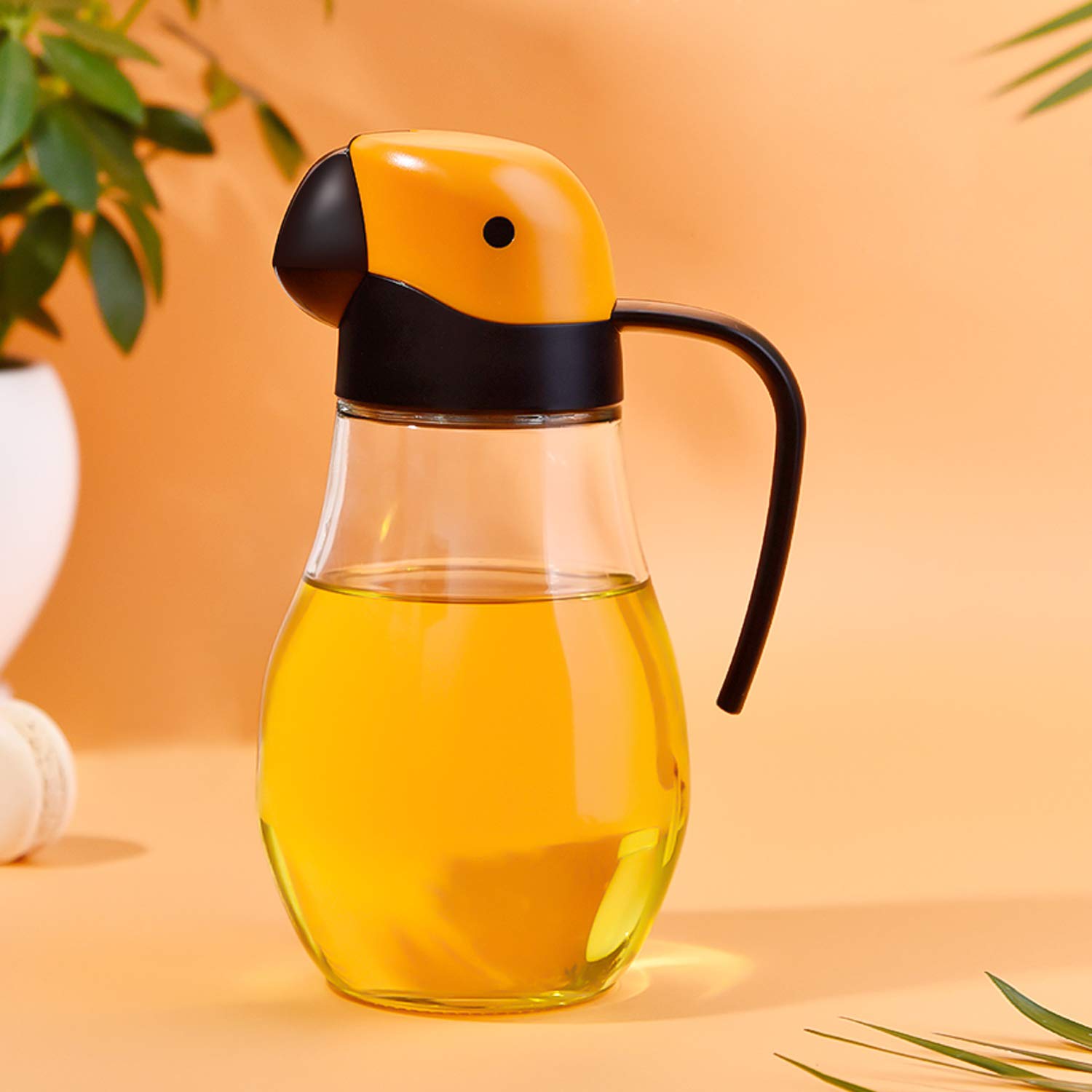 Tuksik Olive Oil Dispenser Bottle with Automatic Cap 20oz Glass Oil and Vinegar Dispenser Bottle for Kitchen,No Drip with Precise-Pour Spout Lovely Parrot Design (Orange-20oz)