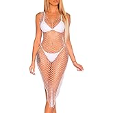 FlyCC Women Sexy See Through Mesh Beach Bikni Swimsuit Sleeveless Cover up Rhinestone Midi Dress