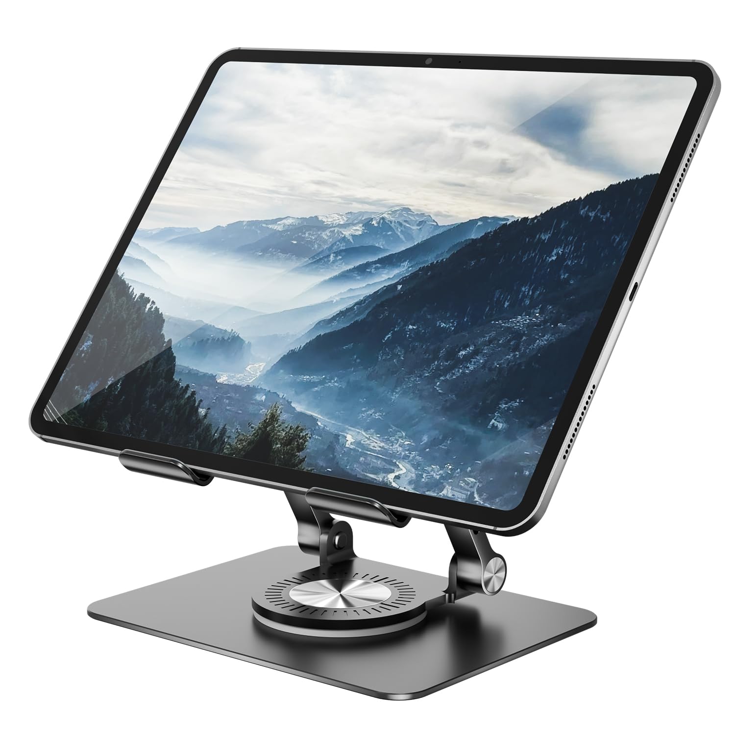 Photo 1 of Orlian Tablet Stand Holder with 360° Rotating Base Dual Rod Aluminum Adjustable Tablet Stand for Desk Compatible with iPad Samsung Phone Kindle E-Reader and More, Black
