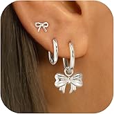 GUOKE 3 Pairs Small Hoop Earring Stacks, 14K Gold/Silver/Black/Rose Gold Plated Pearl Heart Butterfly Bow Star Moon Leaf Diamond Hoop Charm Drop Huggie Earrings Trendy Jewelry Gift for Women