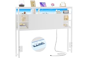 Unikito Full Size Headboard with Storage, Headboards with Outlet and RGB LED Light, Sturdy Head Board for Full Size Bed, Stable Headboard Only for Bedroom, Dorm Room, Guest Room, White