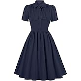 1950s Dresses for Women Vintage Rockabilly Retro Short Sleeve Tie Midi Dress Cocktail Party Evening Prom Gown